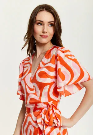 Liquorish Pink And Red Abstract Print Midi Wrap Dress