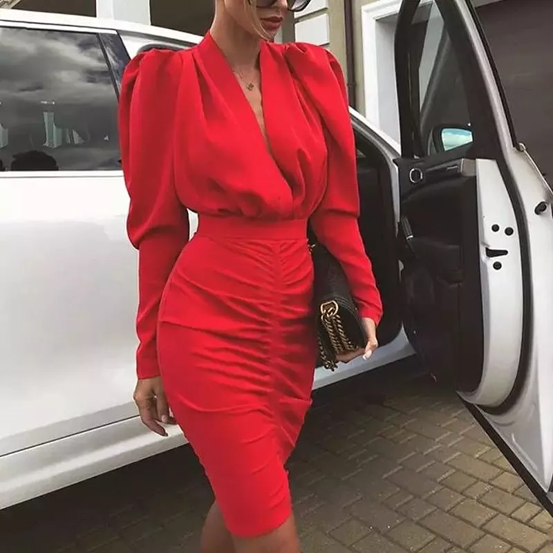 Long Sleeve V-neck Ruched Bodycon Dress