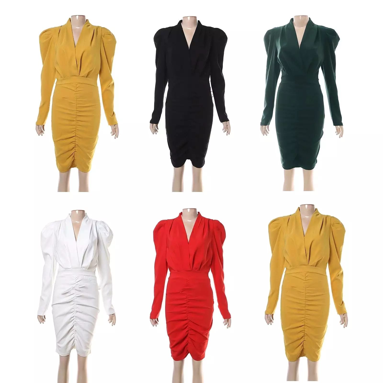 Long Sleeve V-neck Ruched Bodycon Dress