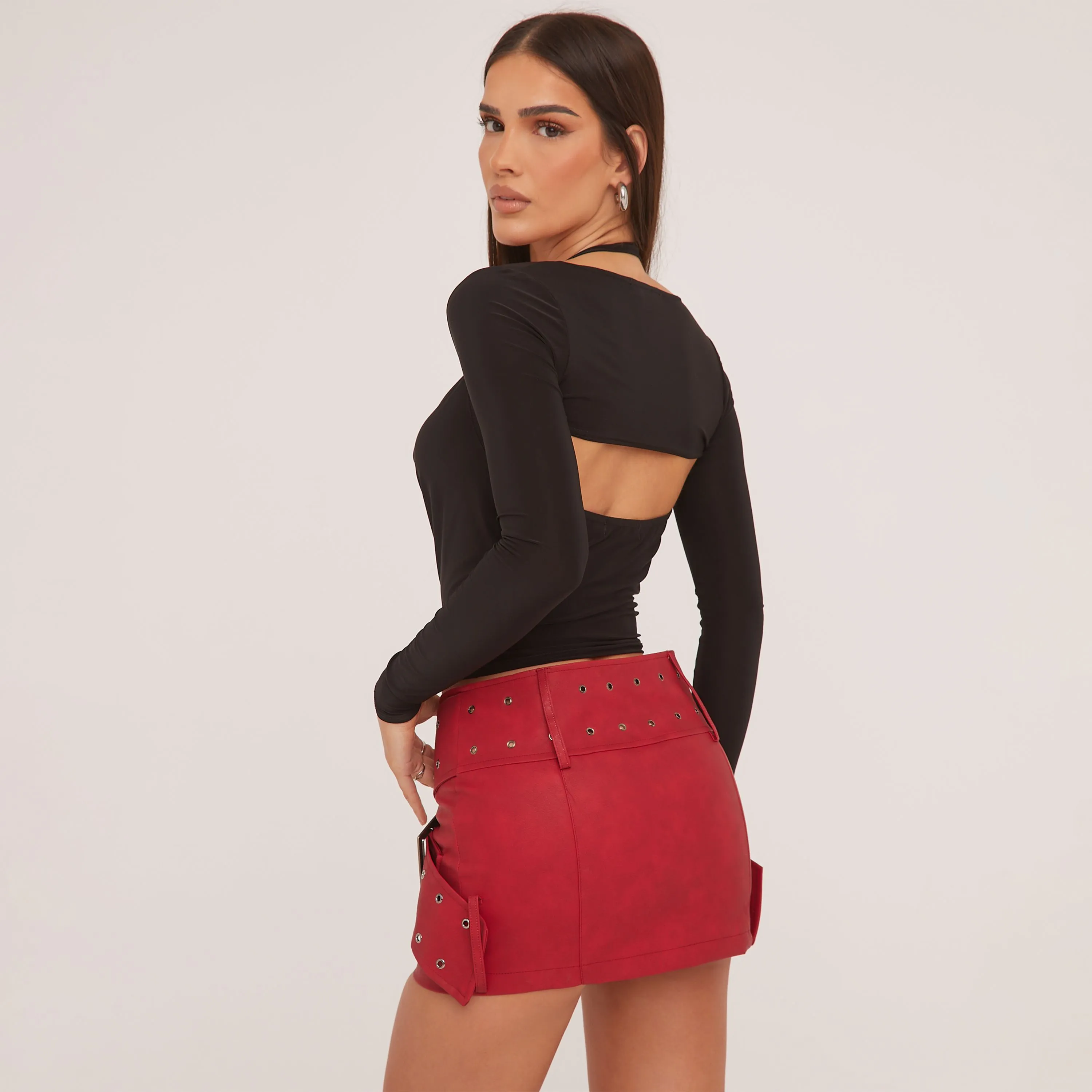 Low Rise Cross Over Buckle Belt Detail Mini Bodycon Skirt In Red Faux Leather