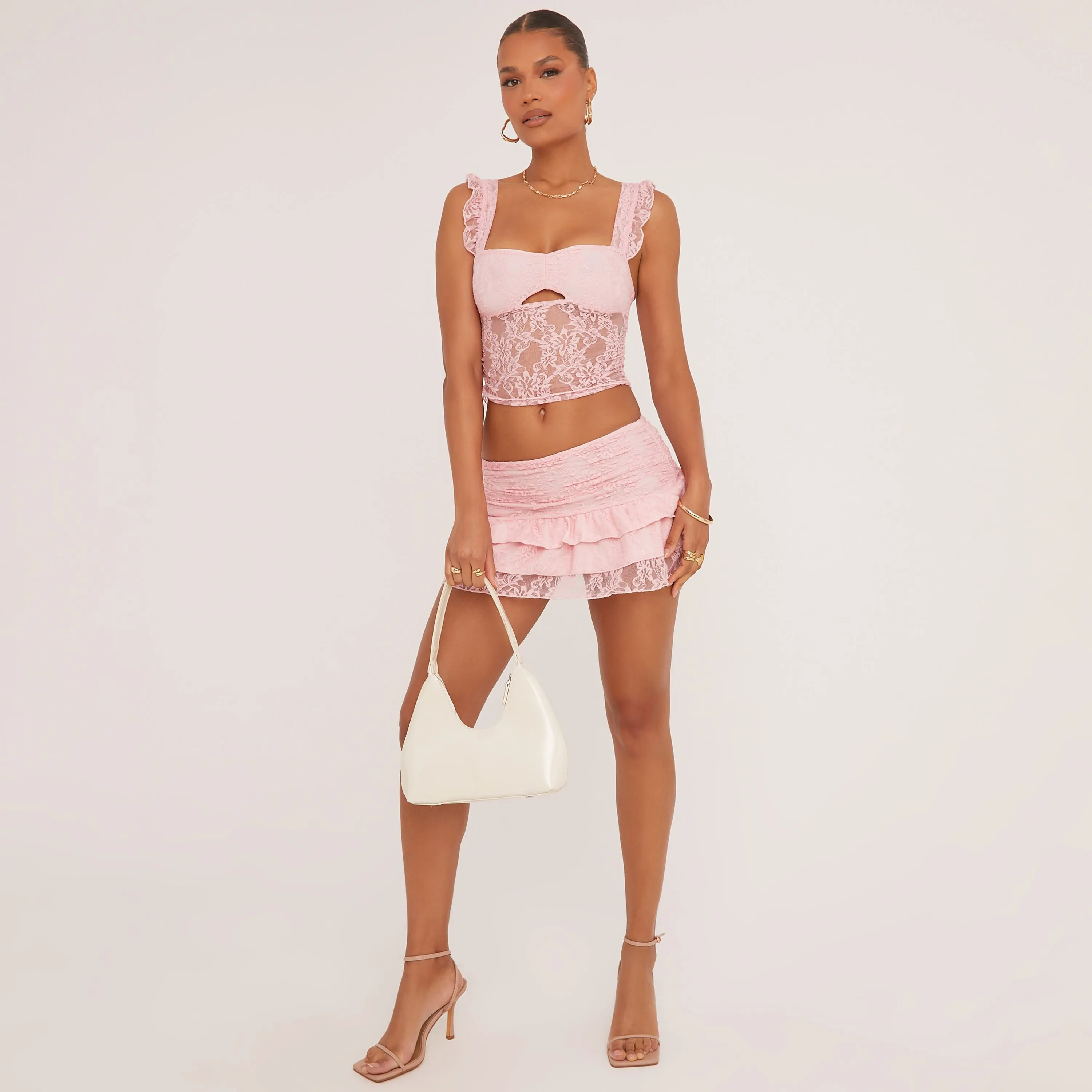 Low Rise Frilly Mini Skirt In Pink Lace