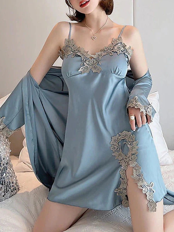 Luxurious Women's Satin Silk Nightgown Sets with V-Neck and Long Sleeves