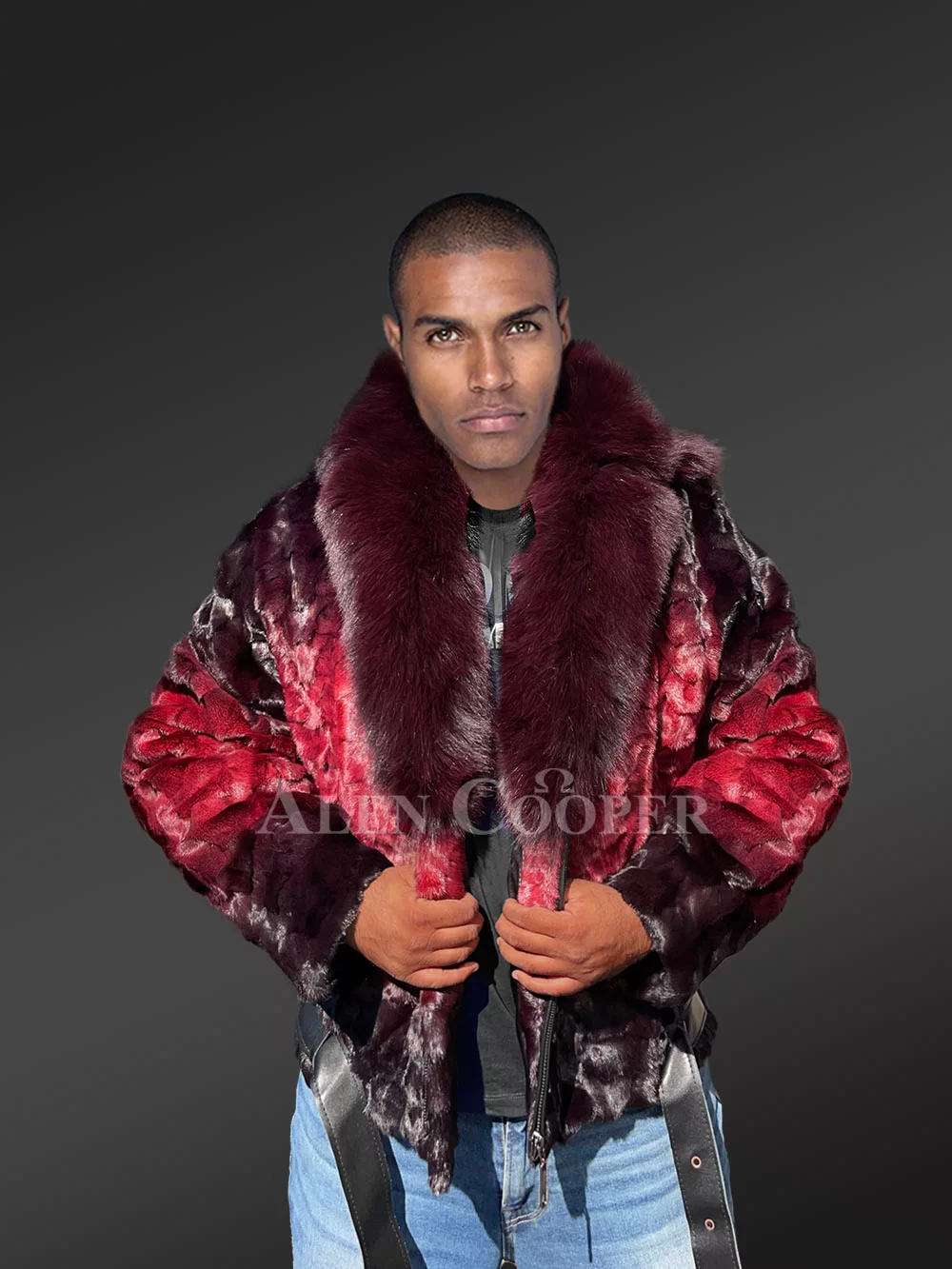 Men Mink Fur Bomber Coat with Chinchilla Collar