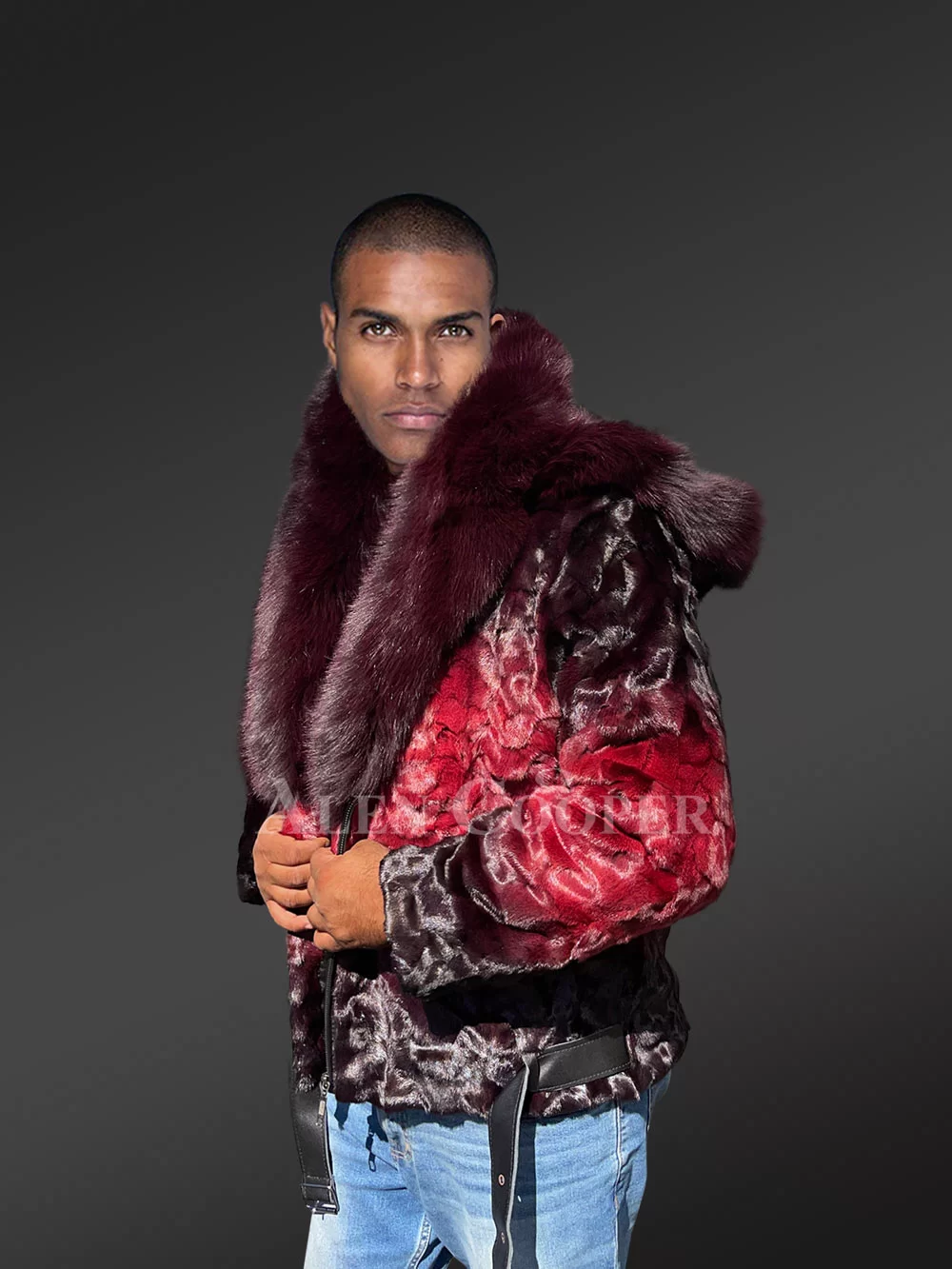 Men Mink Fur Bomber Coat with Chinchilla Collar