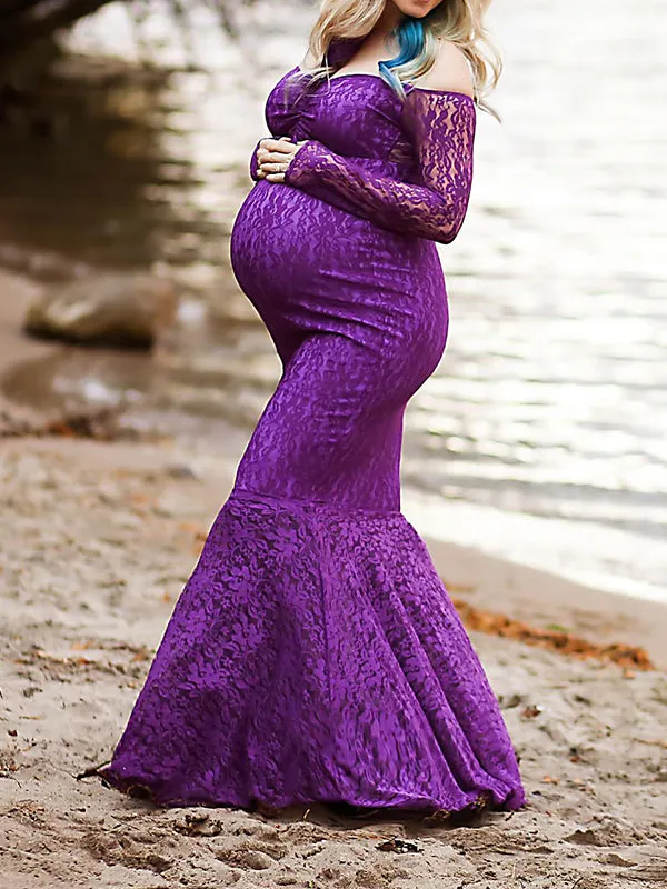 Momnfancy Elegant Purple Lace Off Shoulder Mermaid Floor Mopping Babyshower Maternity Photoshoot Maxi Dress