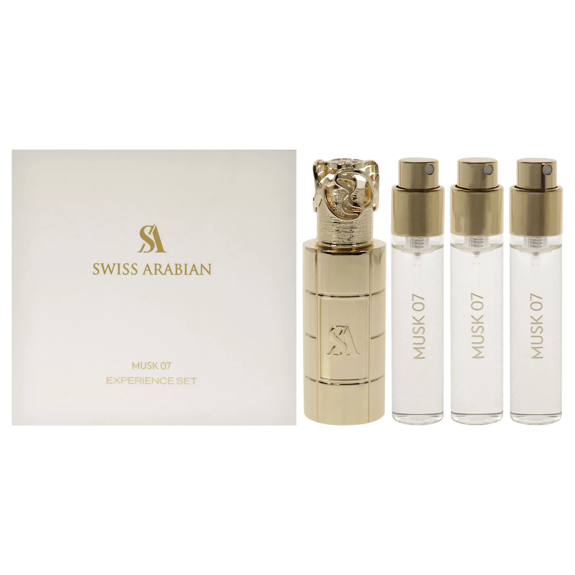 Musk 07 by Swiss Arabian for Unisex - 4 Pc Mini Gift Set 3 x 1oz Perfume Spray, Metal Case