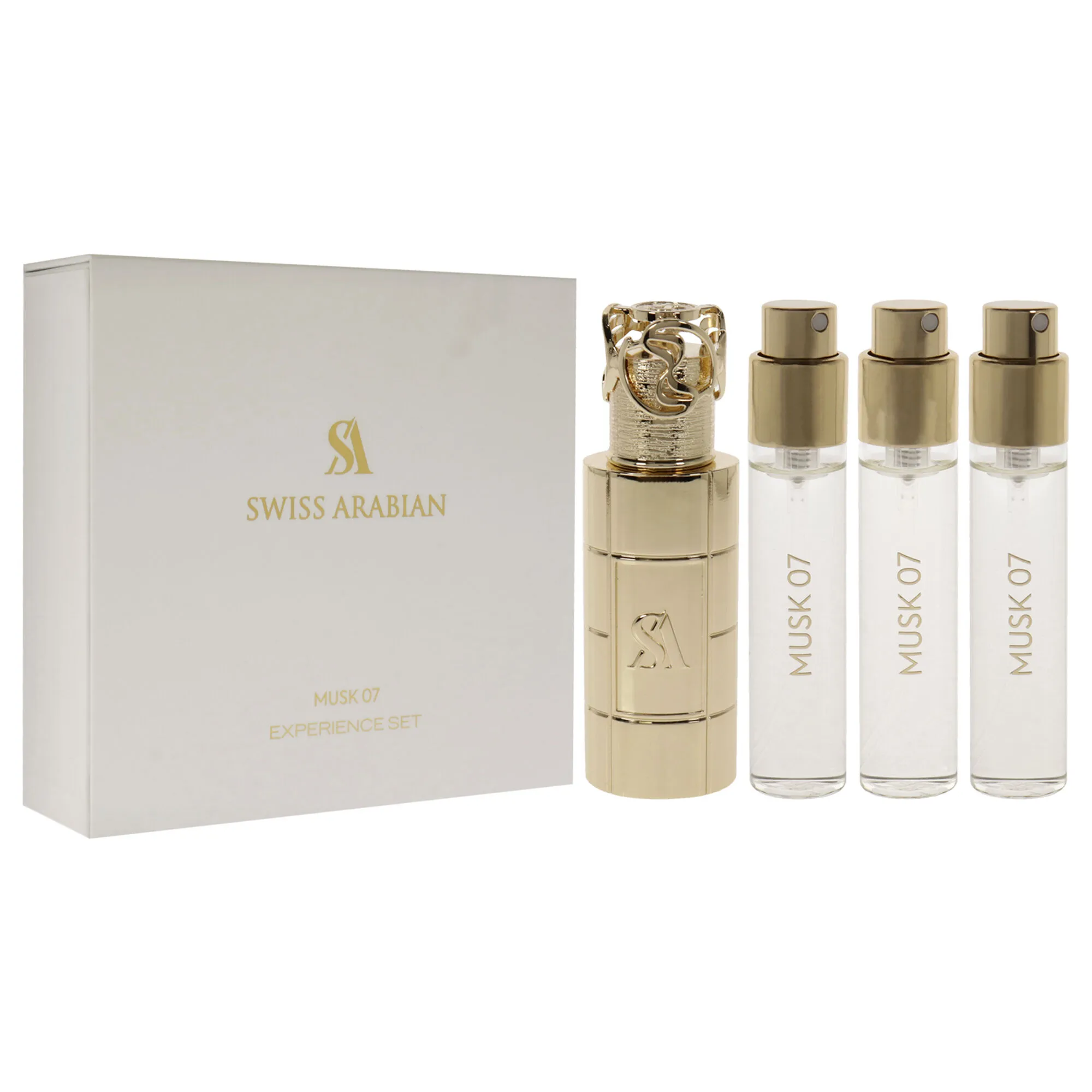 Musk 07 by Swiss Arabian for Unisex - 4 Pc Mini Gift Set 3 x 1oz Perfume Spray, Metal Case