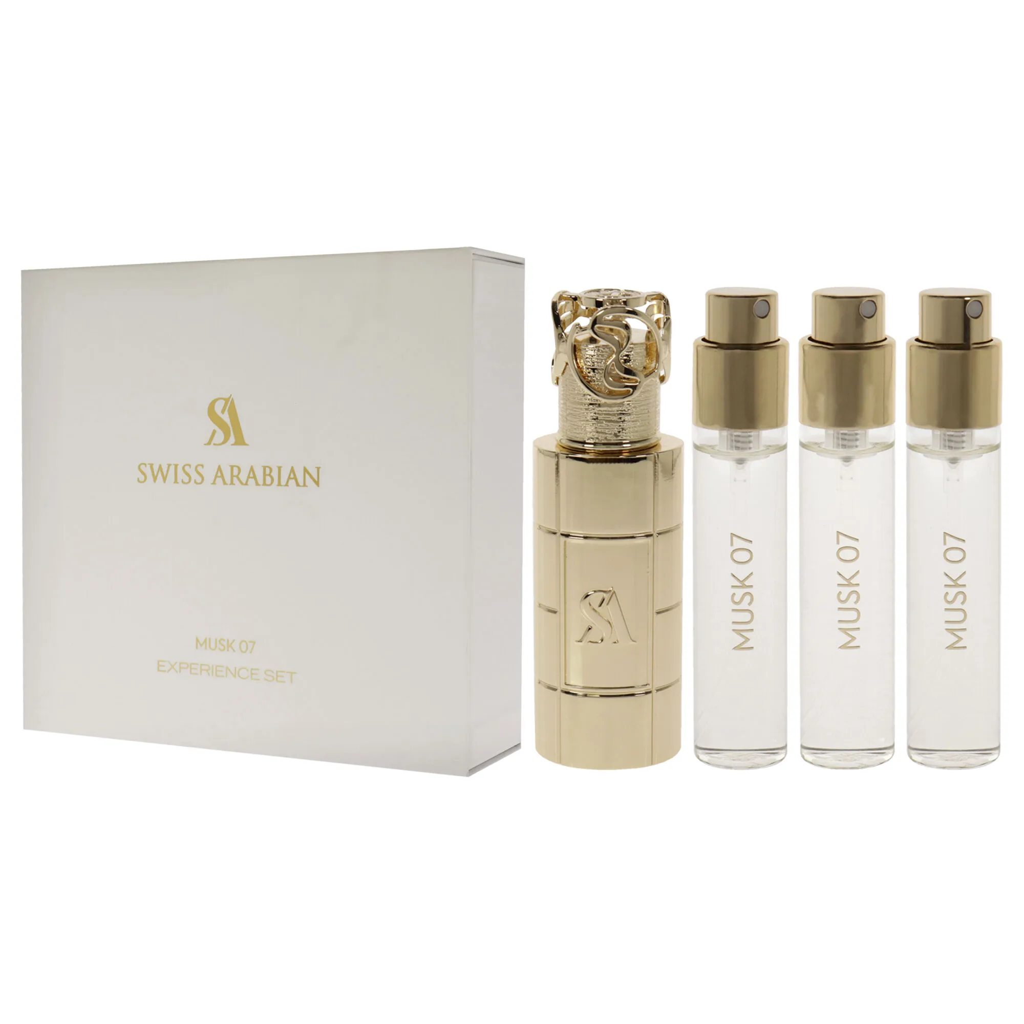 Musk 07 by Swiss Arabian for Unisex - 4 Pc Mini Gift Set 3 x 1oz Perfume Spray, Metal Case