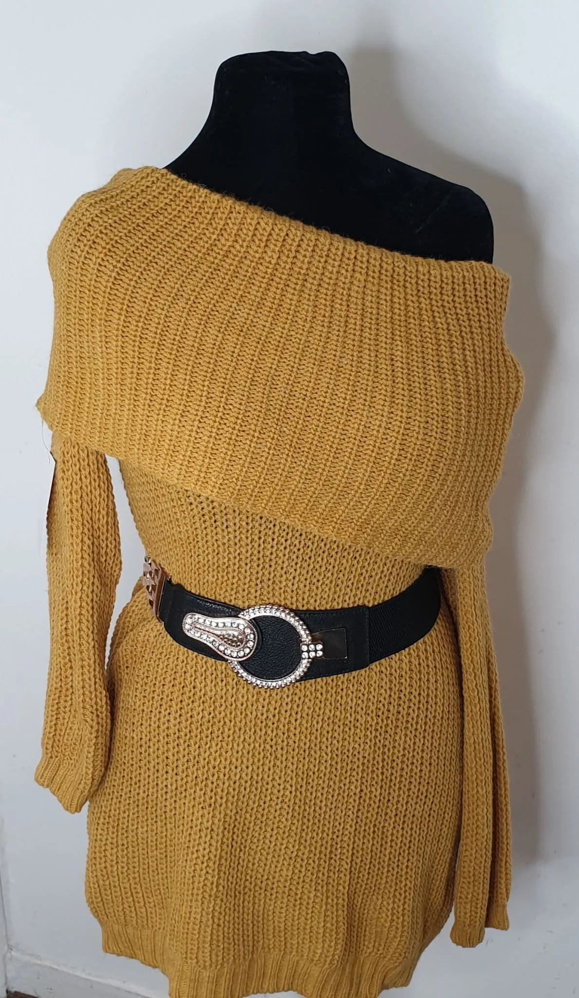 Mustard Off -The Shoulder Knitted Jumper Dress.