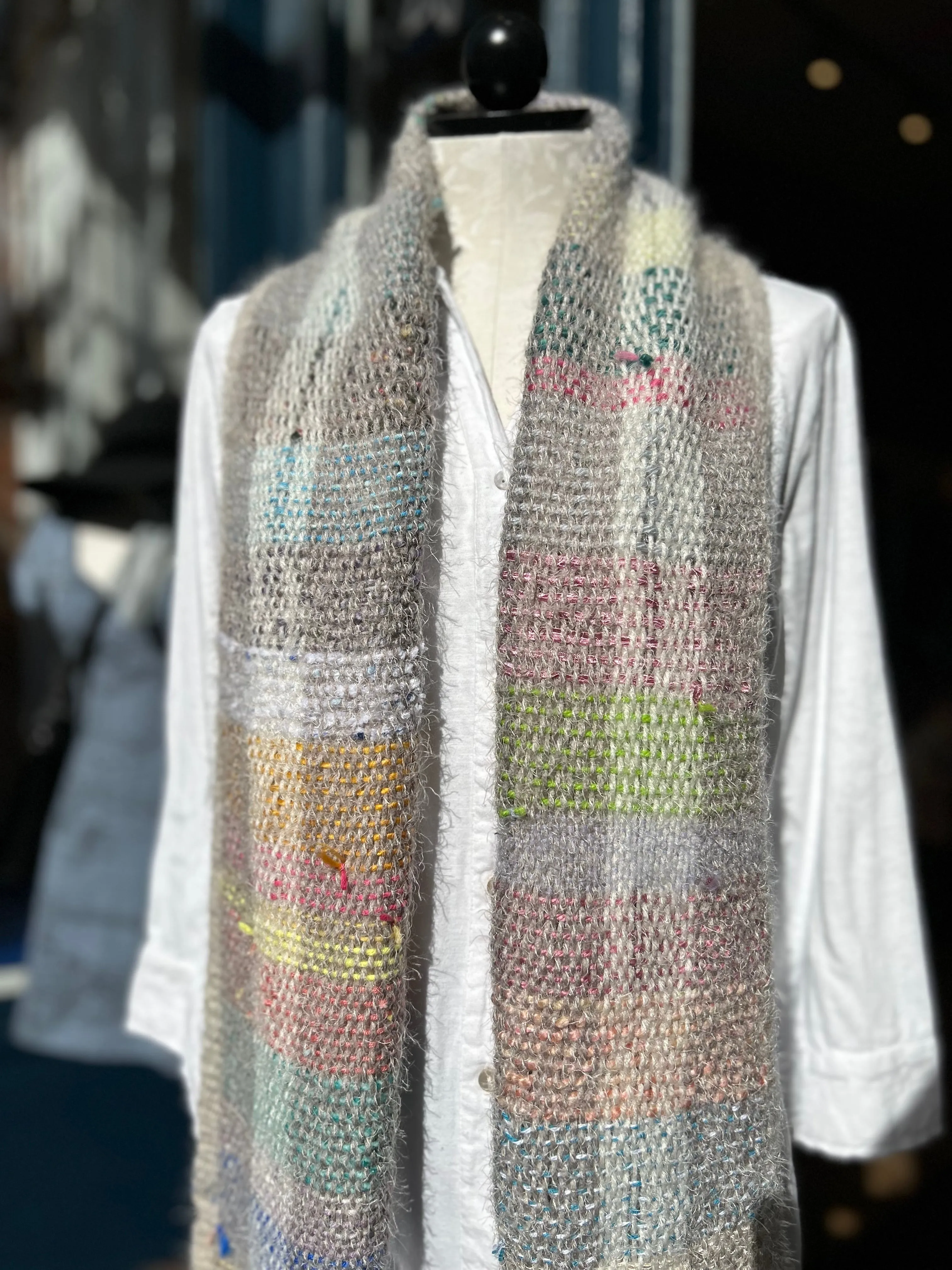 Natalie Reid scarf, wide hand-woven fiber art