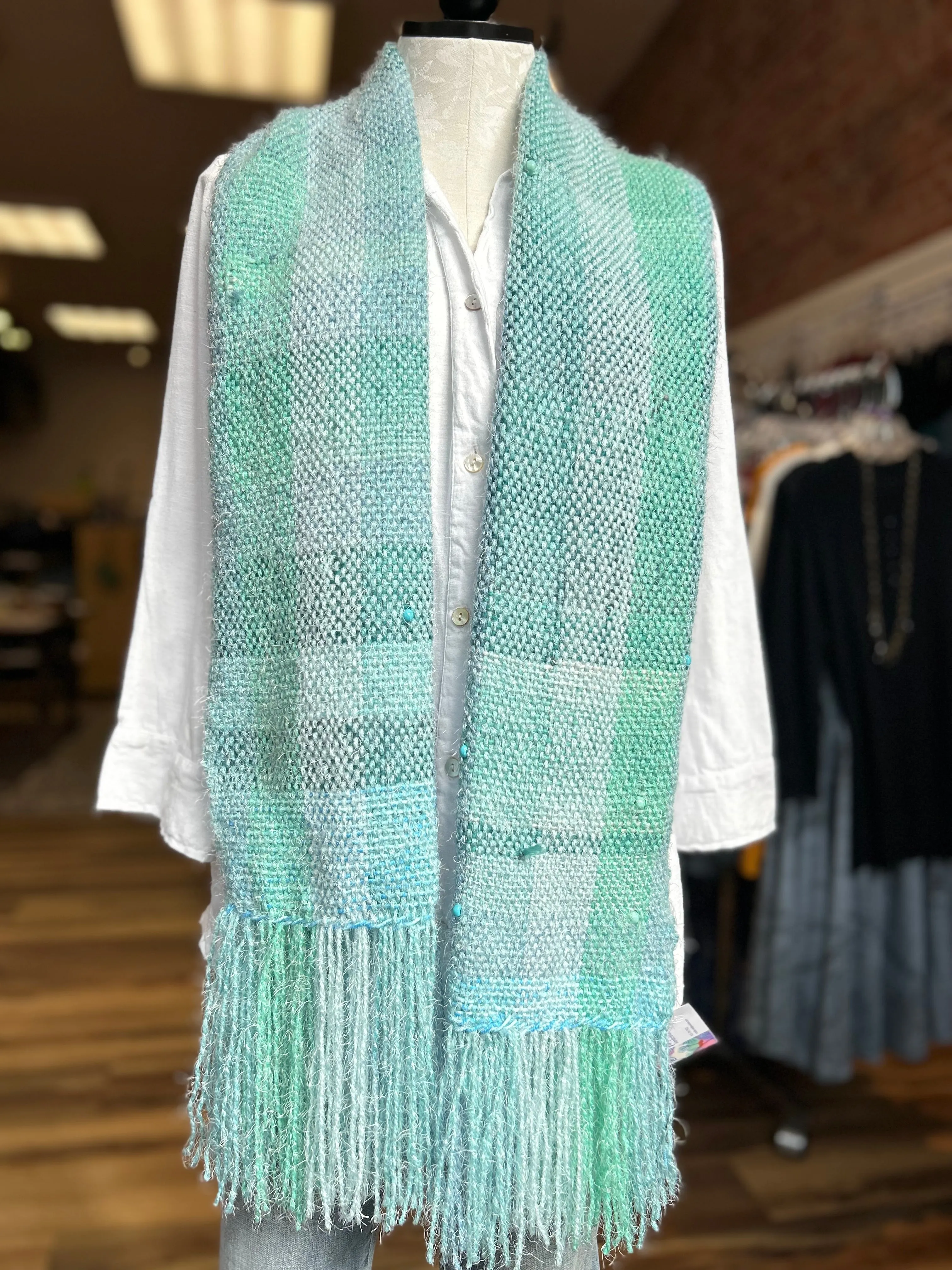 Natalie Reid scarf, wide hand-woven fiber art