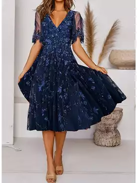 Navy Blue Floral Ruched V-Neck Midi Dress - Women's S-3XL