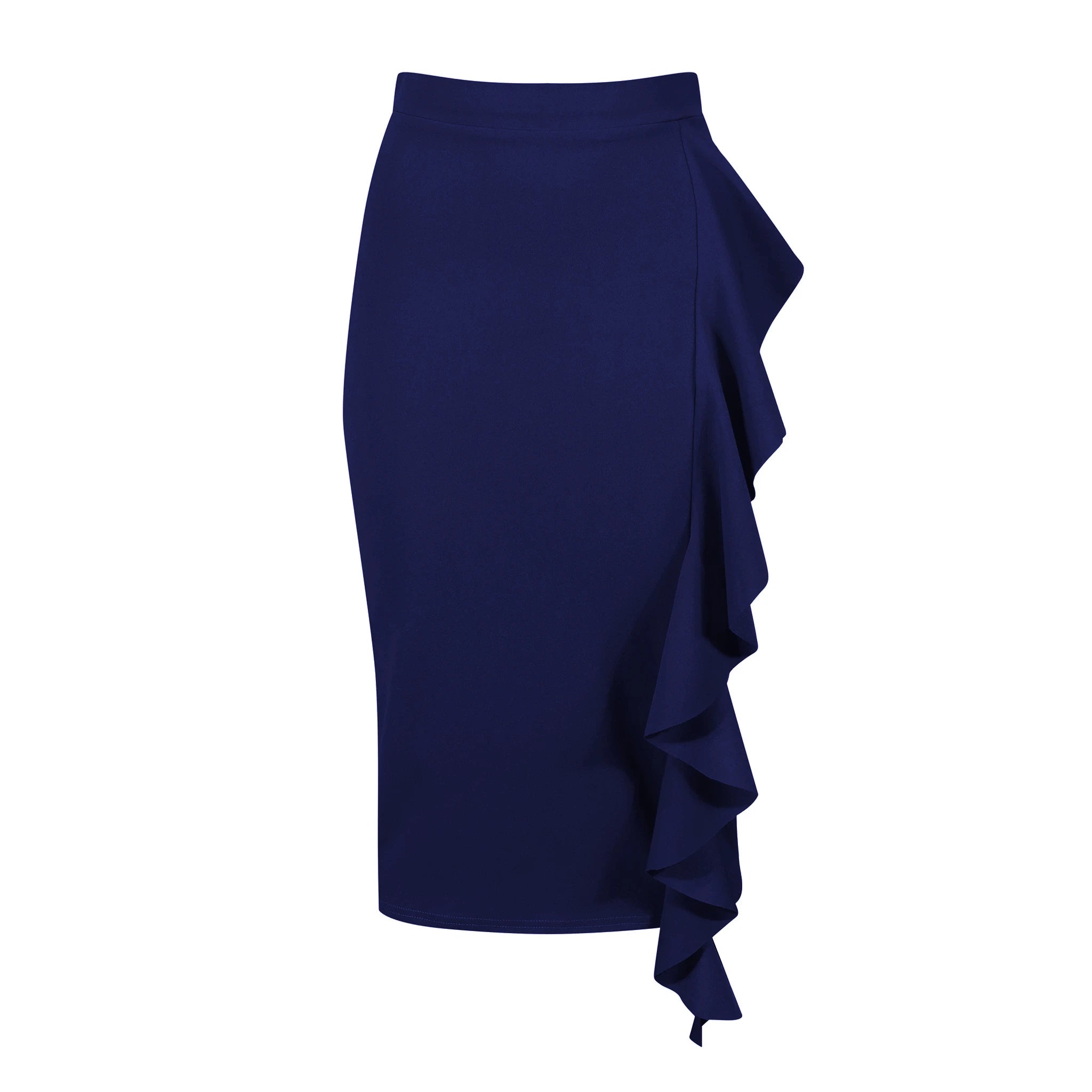 Navy Waterfall Ruffle Pencil Skirt