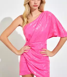 Neon pink sequin one shoulder dress