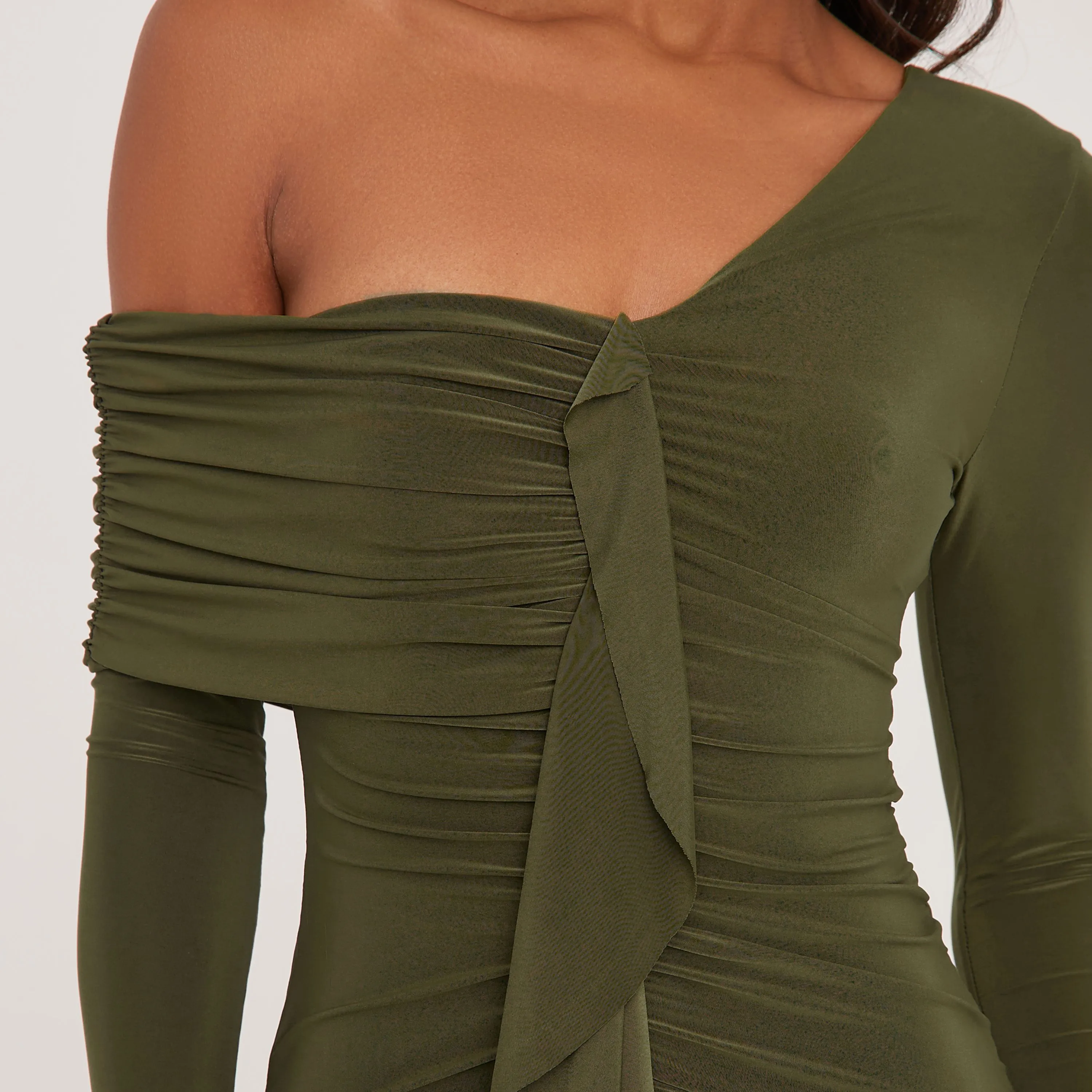 Off The Shoulder Frill Front Mini Bodycon Dress In Khaki Slinky