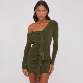 Off The Shoulder Frill Front Mini Bodycon Dress In Khaki Slinky