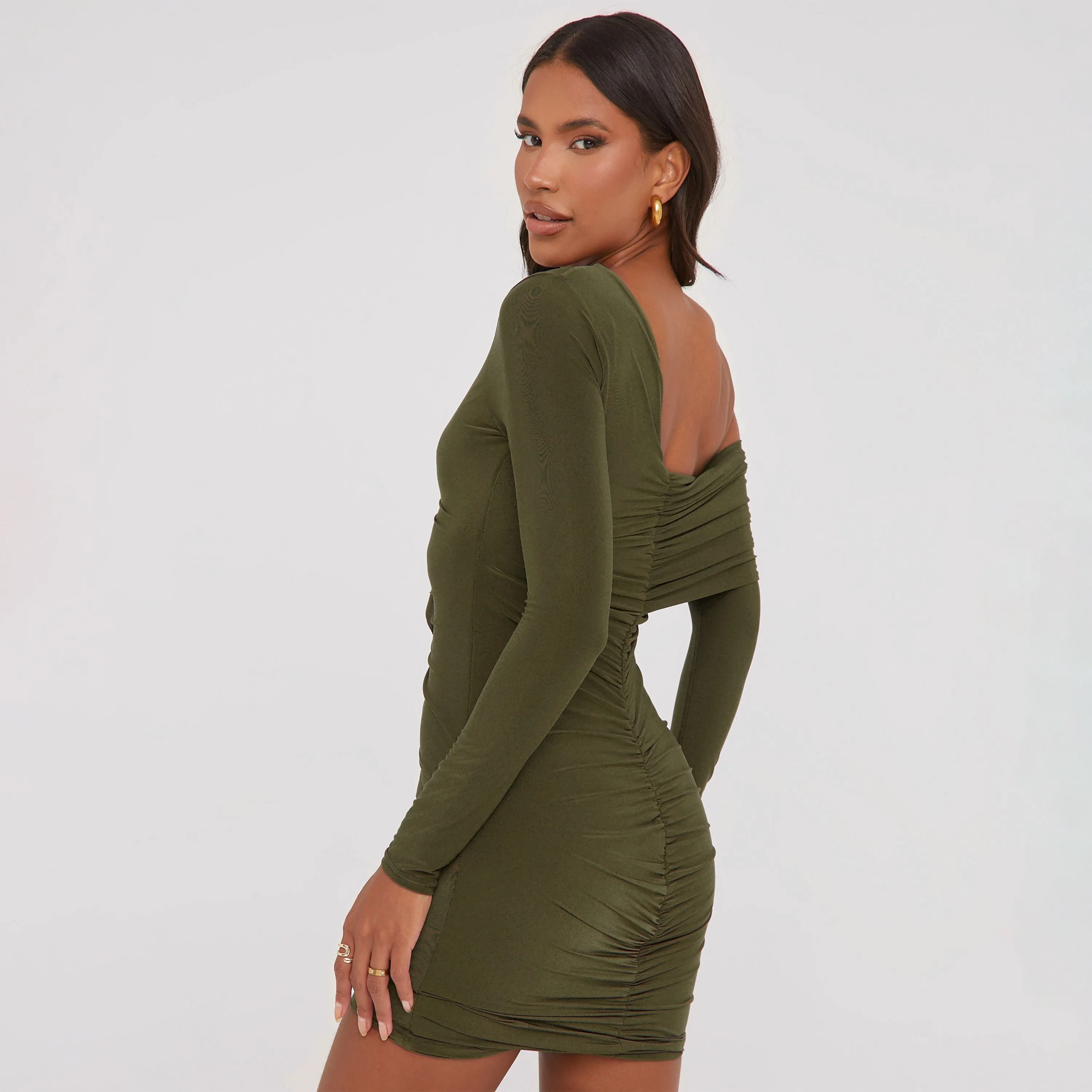 Off The Shoulder Frill Front Mini Bodycon Dress In Khaki Slinky