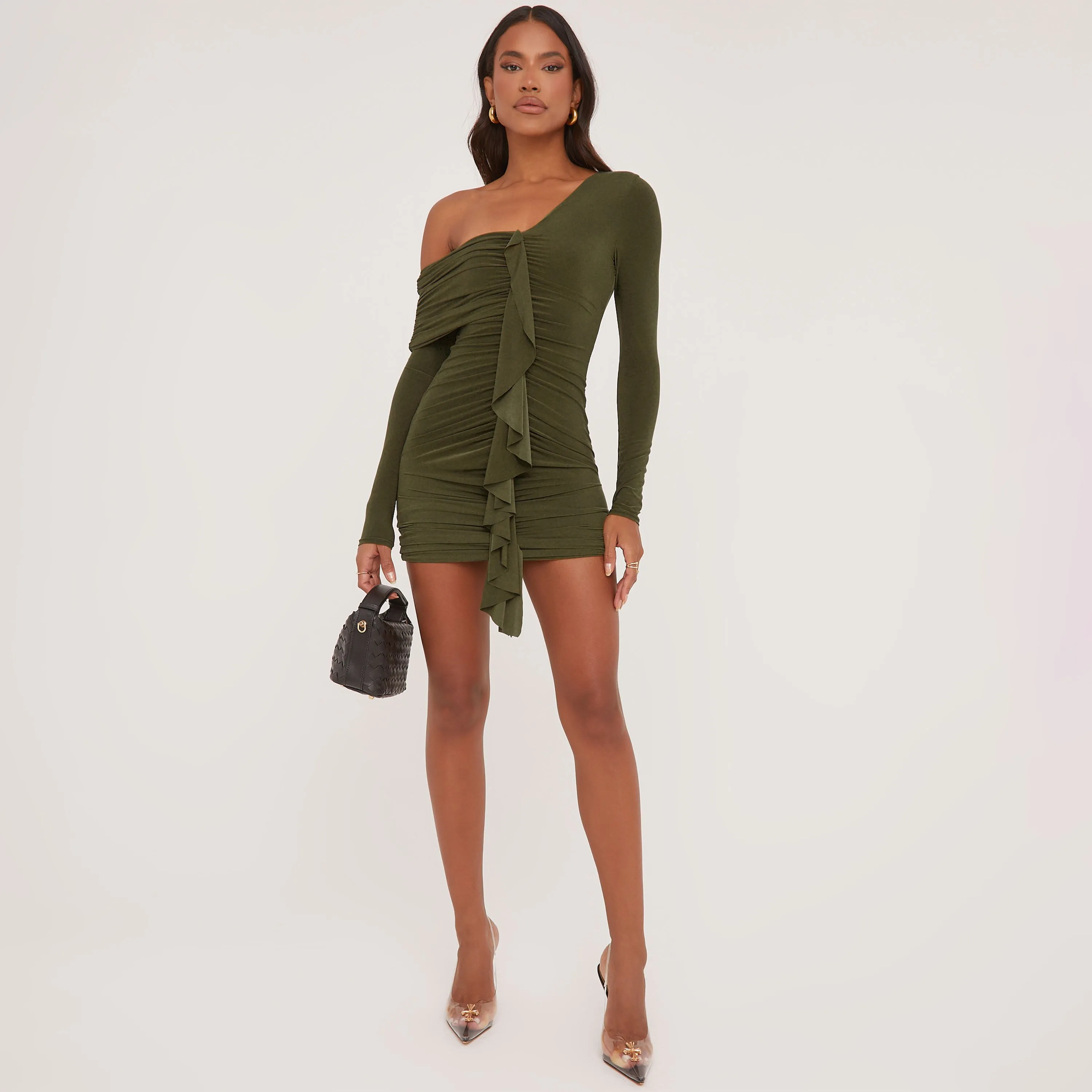 Off The Shoulder Frill Front Mini Bodycon Dress In Khaki Slinky