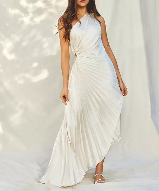 Olympia Asymmetrical Pleated Dress - Pearl