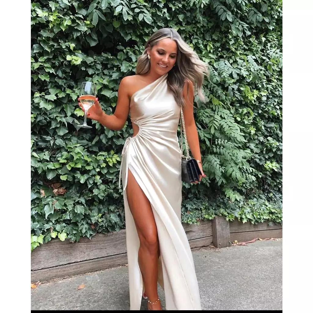 One Hand Off Shoulder Side Slit Dress