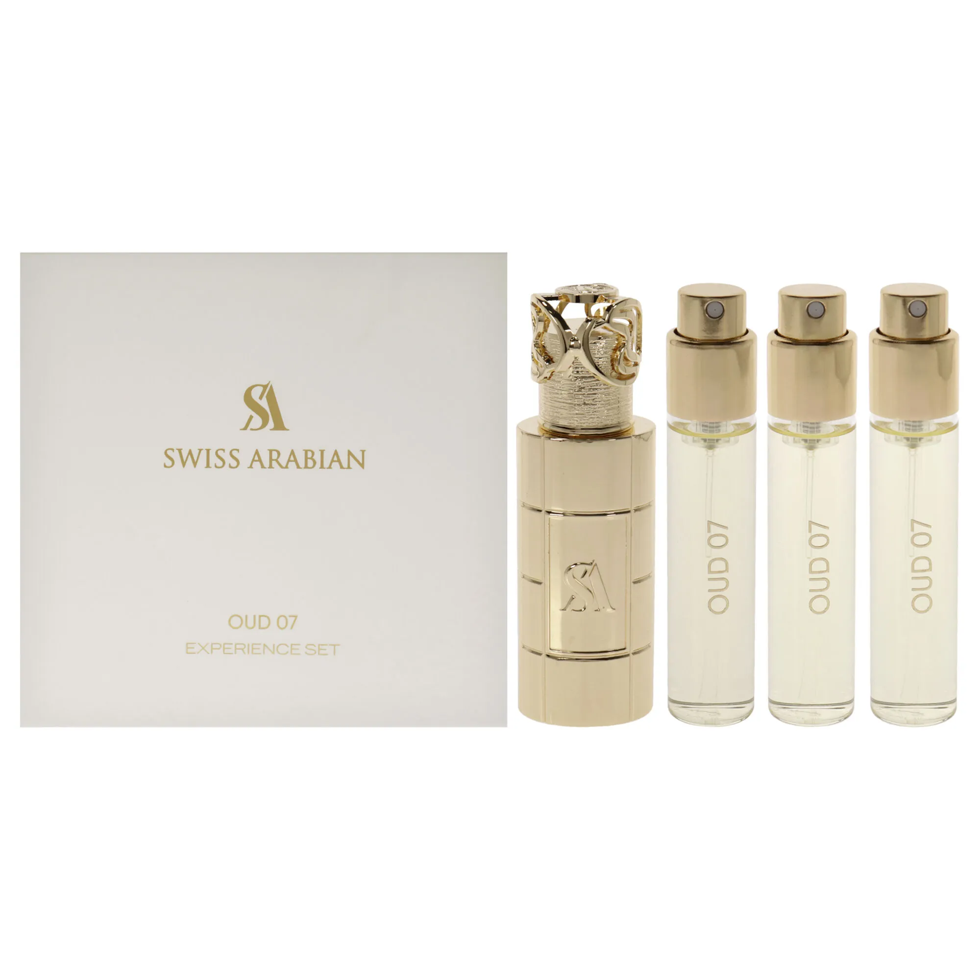 Oud 07 by Swiss Arabian for Unisex - 4 Pc Mini Gift Set 3 x 1oz Perfume Spray, Metal Case