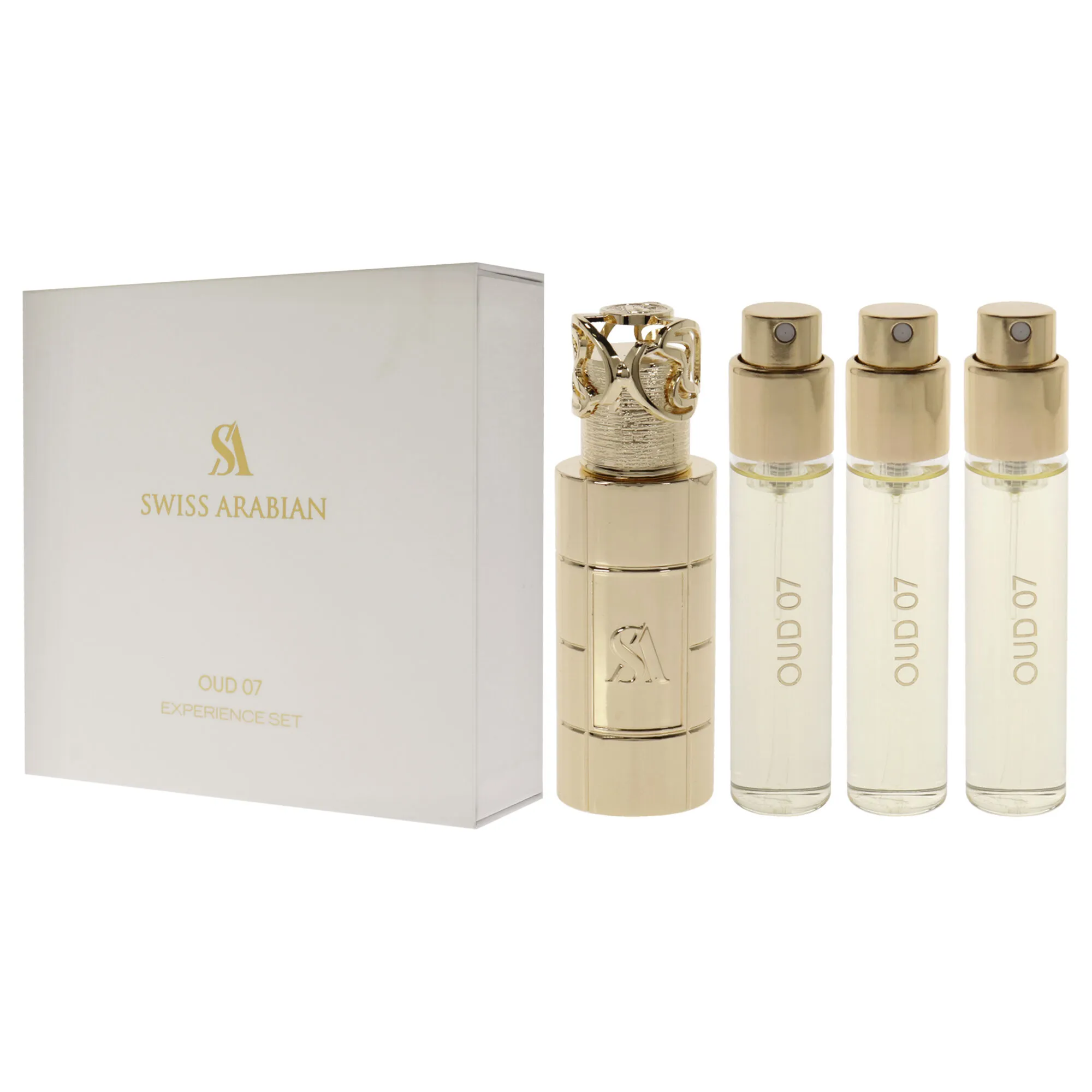 Oud 07 by Swiss Arabian for Unisex - 4 Pc Mini Gift Set 3 x 1oz Perfume Spray, Metal Case