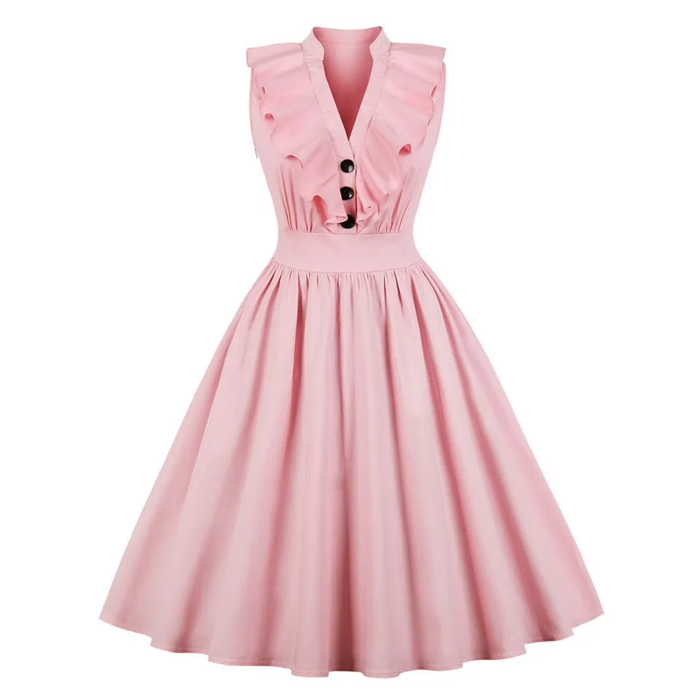 Pink Vintage Sleeveless Cotton Ruffles V Neck Robe Pin Up Swing Retro Dress