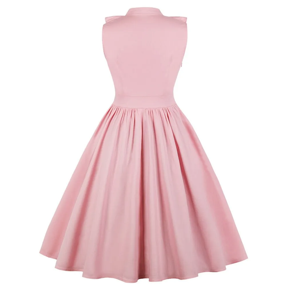 Pink Vintage Sleeveless Cotton Ruffles V Neck Robe Pin Up Swing Retro Dress