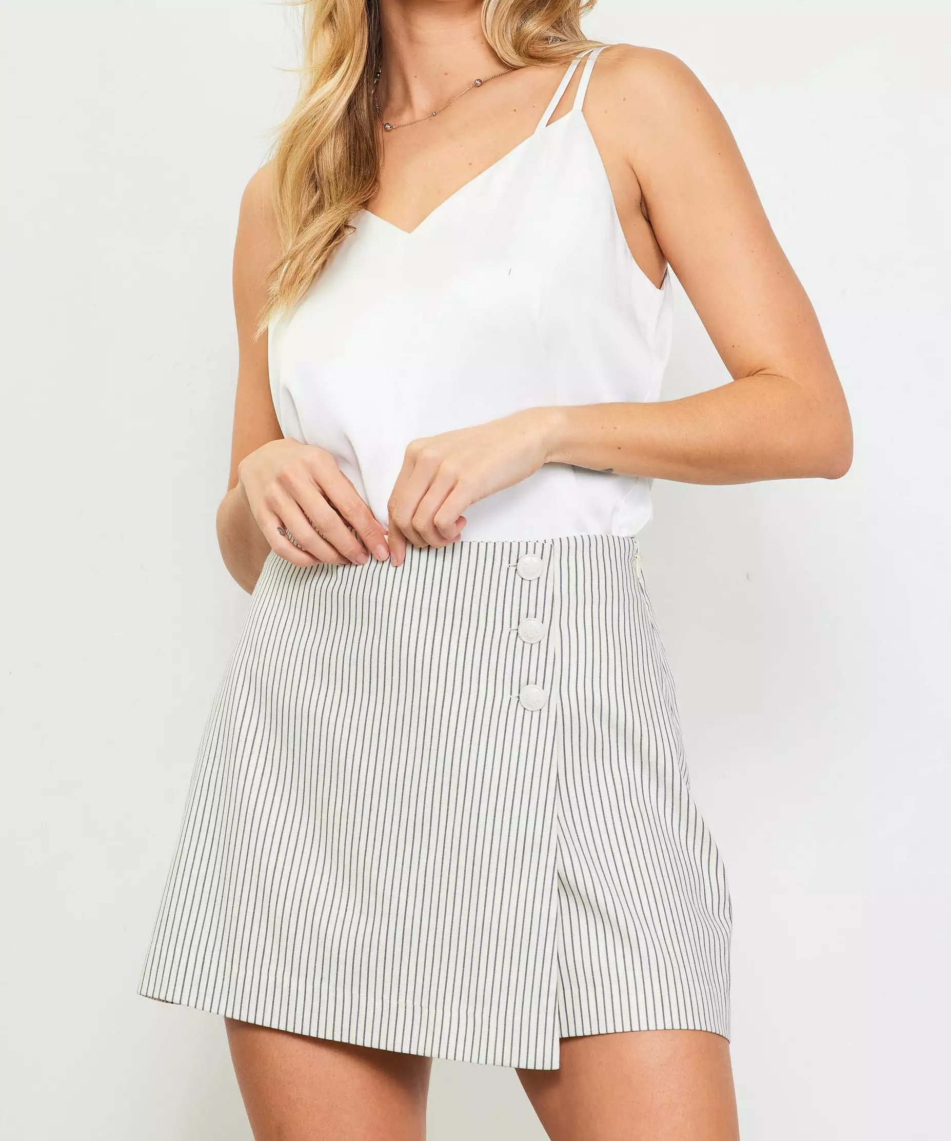 Pinstripe Button Skort - Ivory/Navy