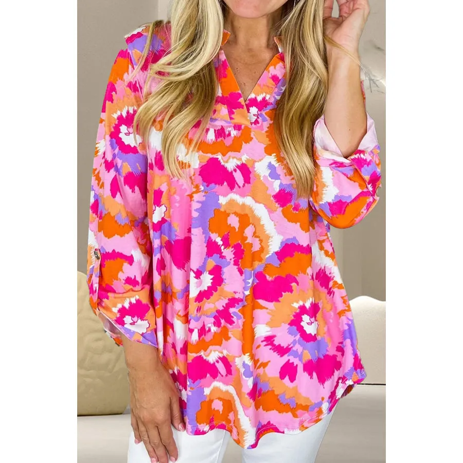 Printed Notched Long Sleeve Blouse