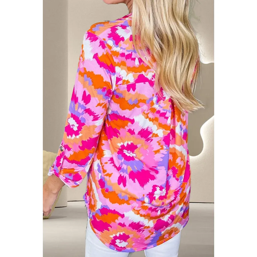 Printed Notched Long Sleeve Blouse