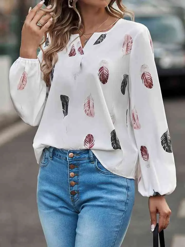 Printed Notched Neck Long Sleeve Blouse