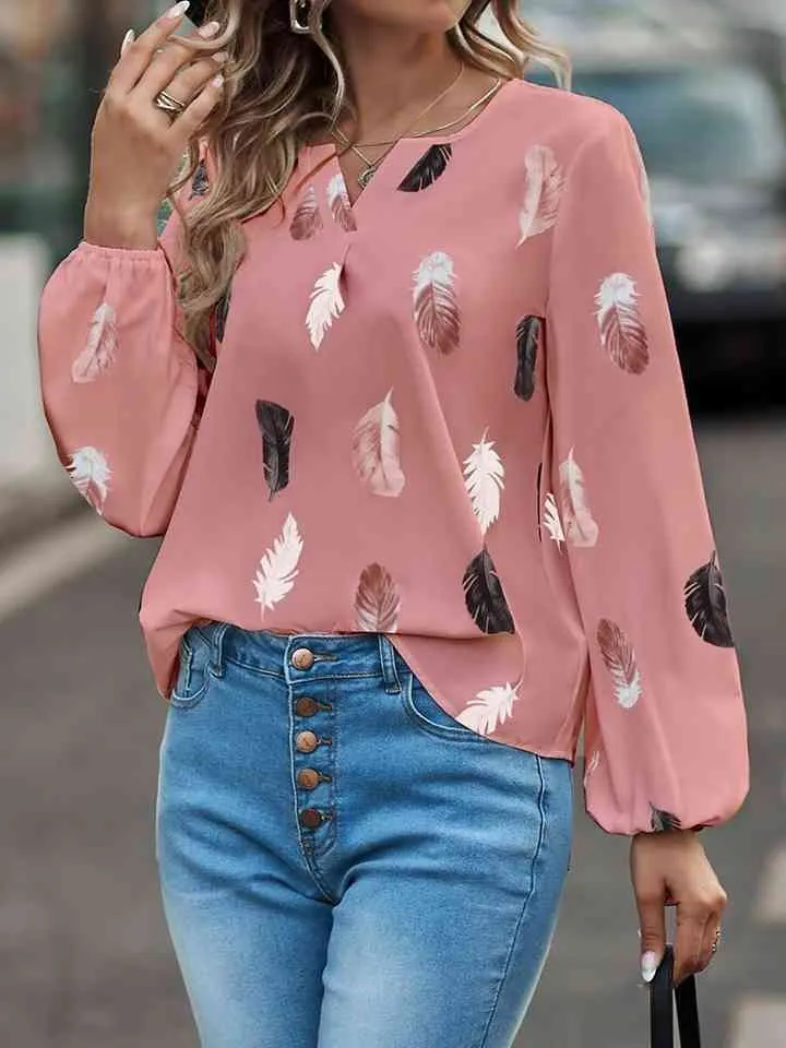 Printed Notched Neck Long Sleeve Blouse