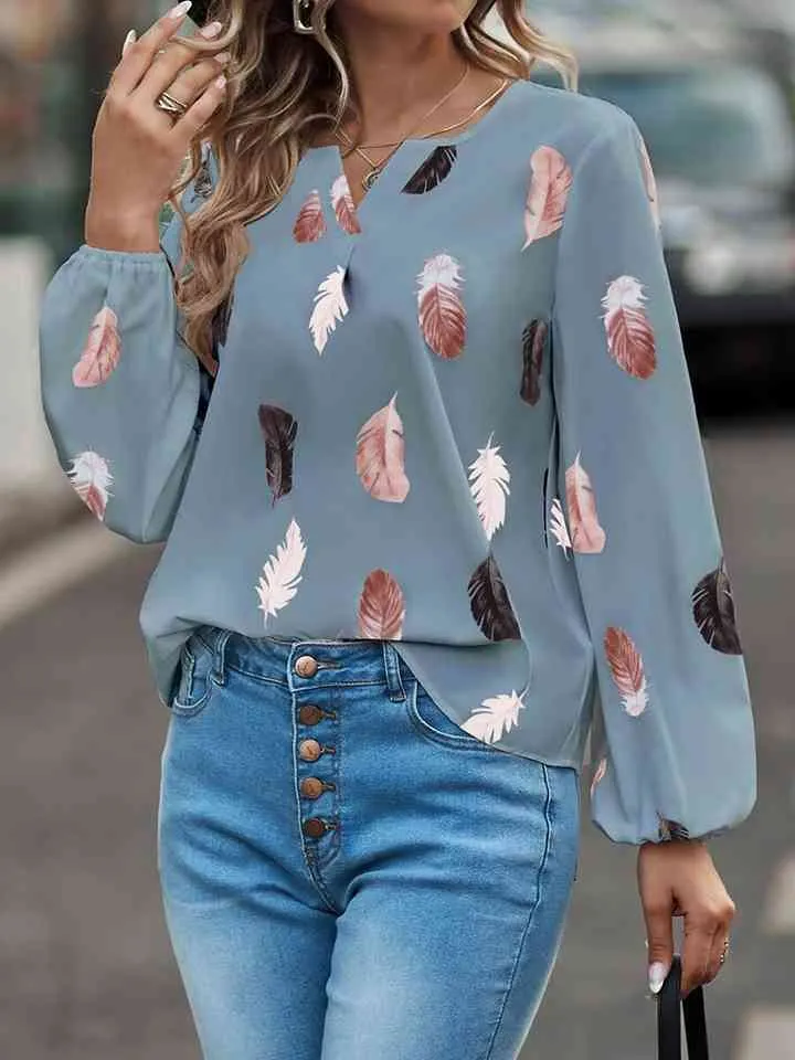 Printed Notched Neck Long Sleeve Blouse