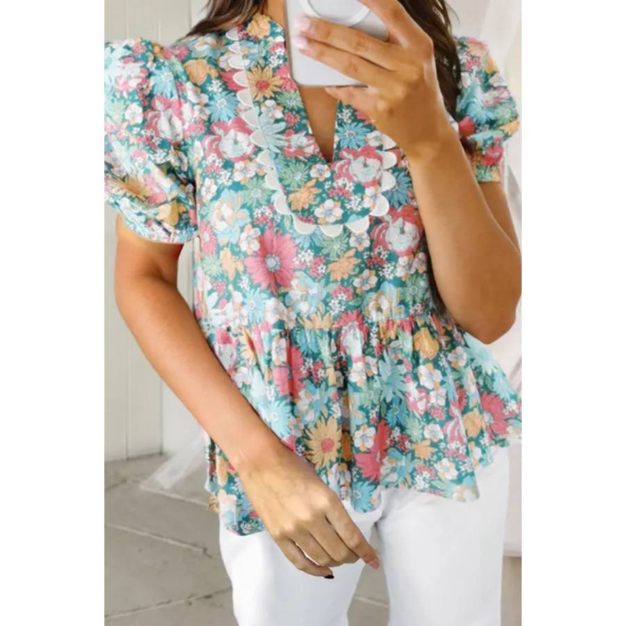 Printed Notched Short Sleeve Blouse