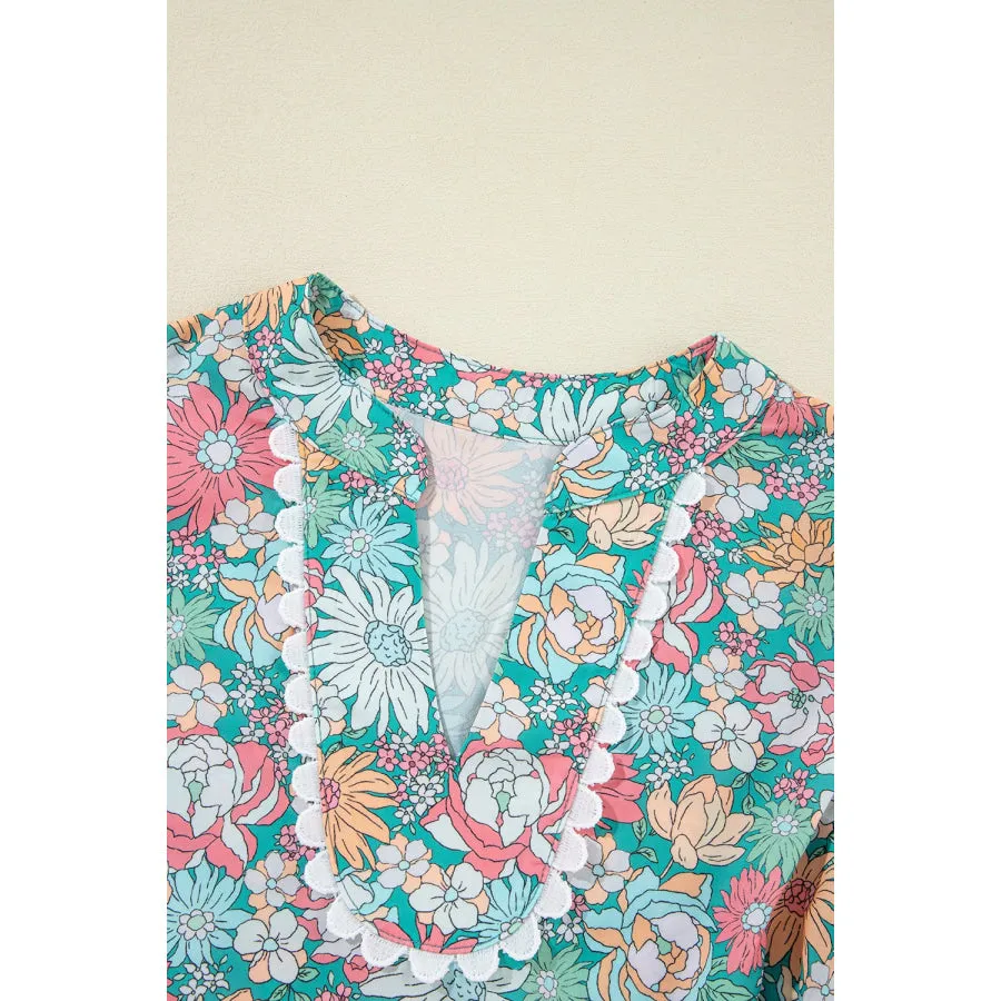 Printed Notched Short Sleeve Blouse