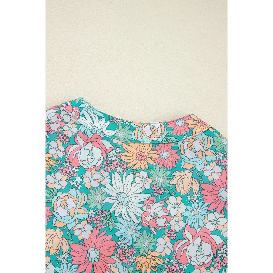 Printed Notched Short Sleeve Blouse