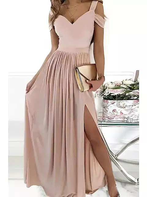 Romantic V-Neck Cold Shoulder Maxi Dress With Short Sleeves