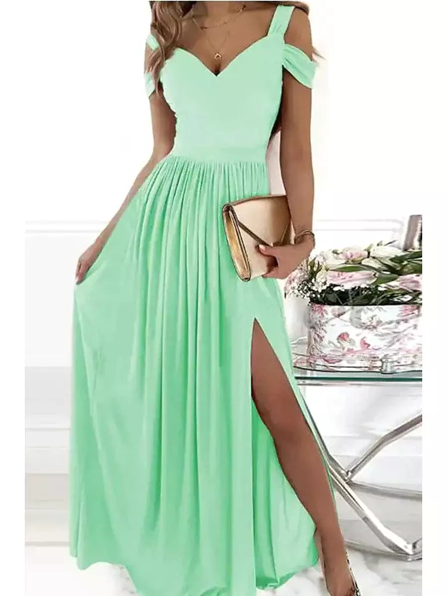 Romantic V-Neck Cold Shoulder Maxi Dress With Short Sleeves