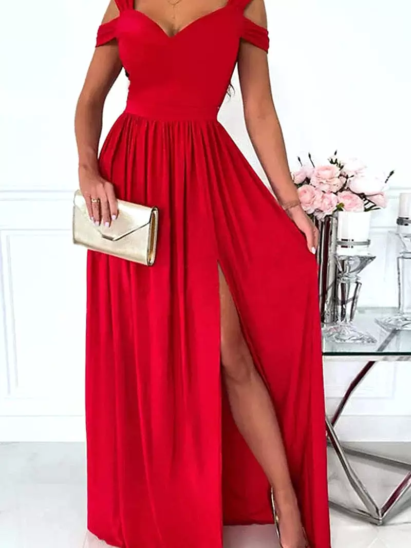 Romantic V-Neck Cold Shoulder Maxi Dress With Short Sleeves