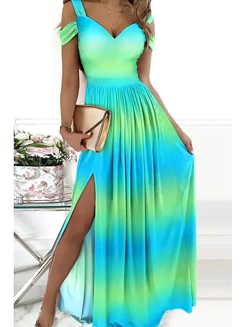 Romantic V-Neck Cold Shoulder Maxi Dress With Short Sleeves