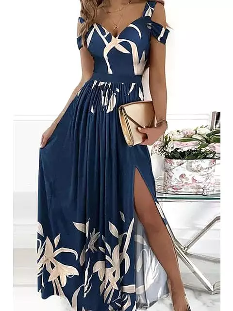 Romantic V-Neck Cold Shoulder Maxi Dress With Short Sleeves