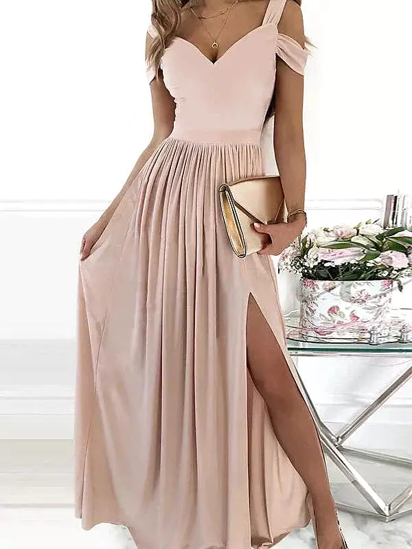 Romantic V-Neck Cold Shoulder Maxi Dress With Short Sleeves