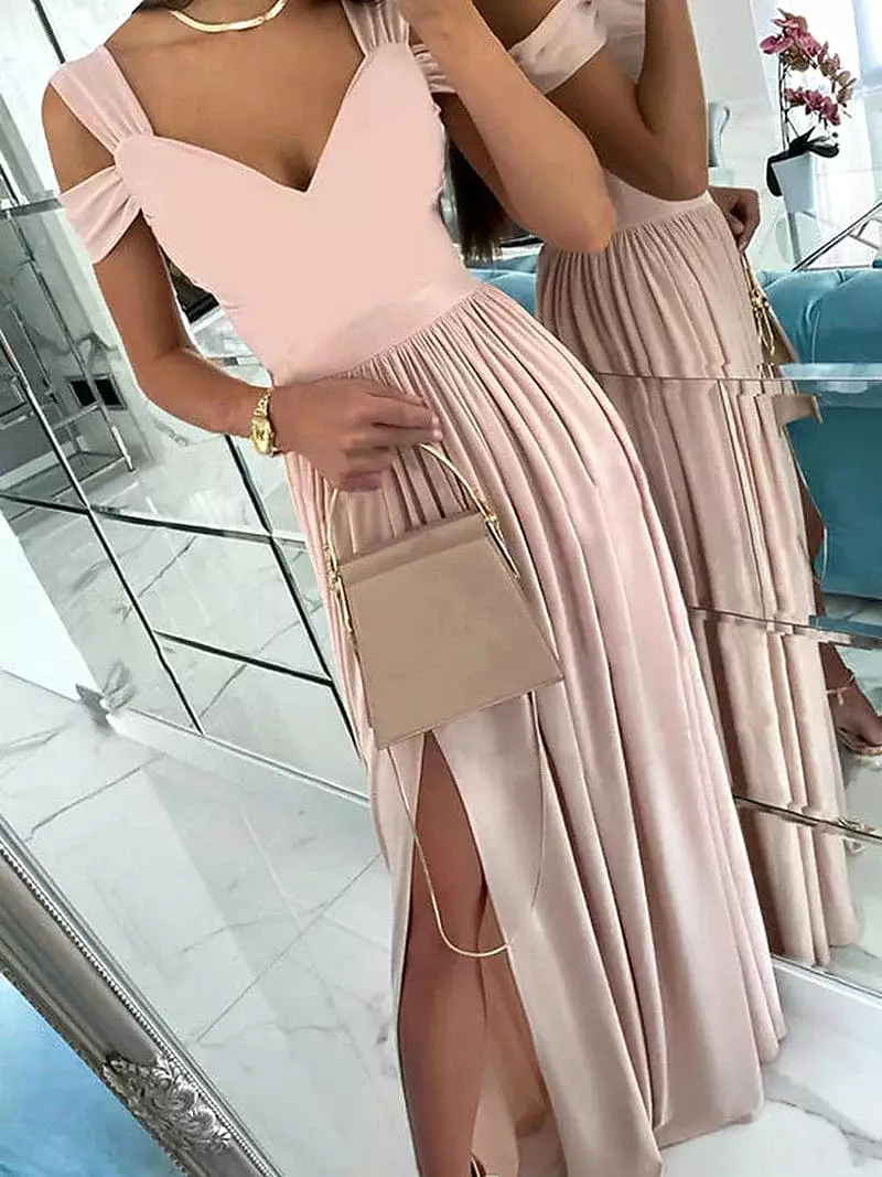 Romantic V-Neck Cold Shoulder Maxi Dress With Short Sleeves