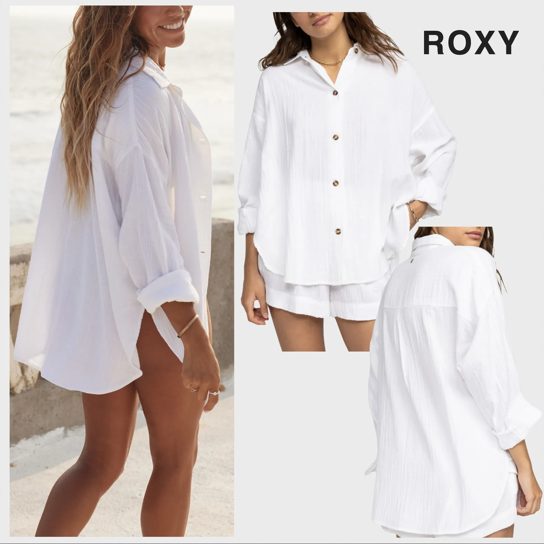 ROXY  |Casual Style Plain Cotton Short Sleeves Oversized Logo