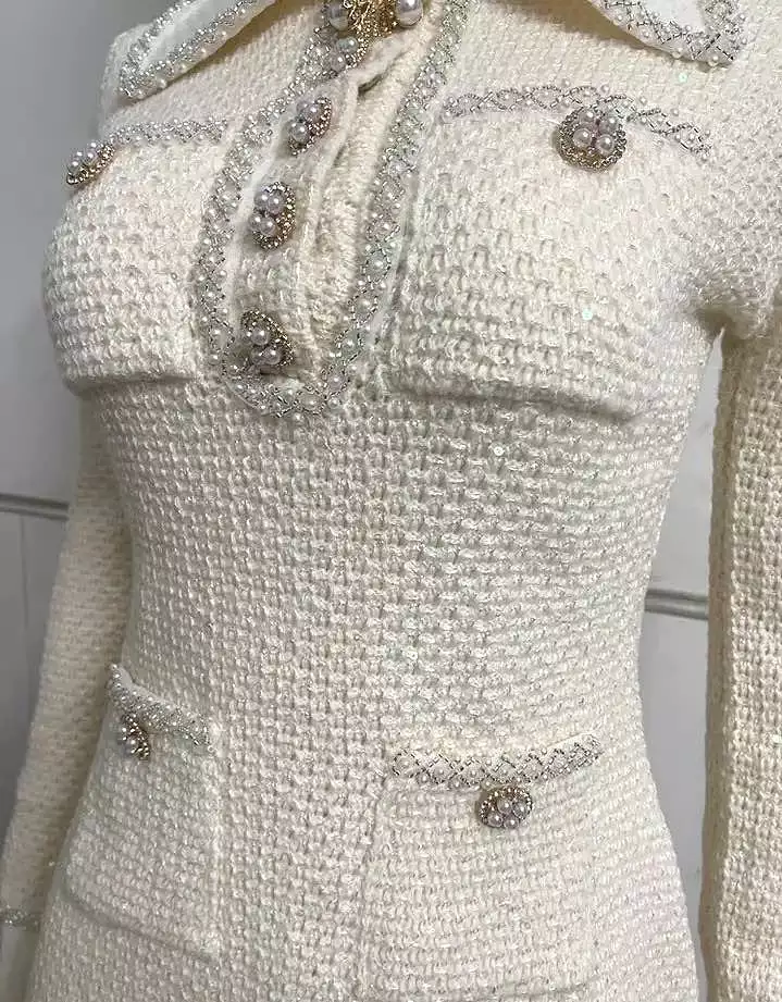 Sequined Knit Mini Dress in Beige