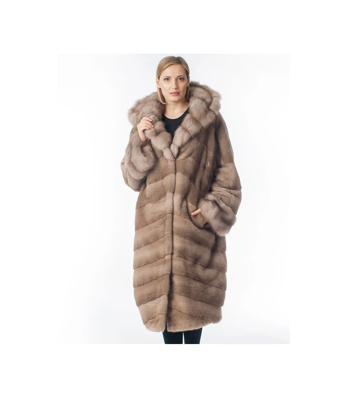 Serena Pastel Mink Fur Coat with Marten Trim: FurHatWorld