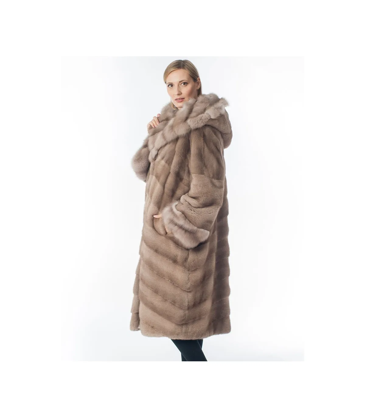 Serena Pastel Mink Fur Coat with Marten Trim: FurHatWorld