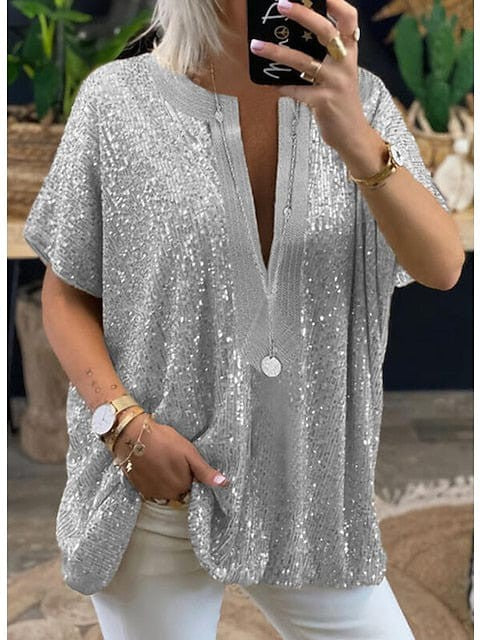 Shimmering Silver and Gold Sequin V-Neck Women's Blouse for Casual and Elegant Wear