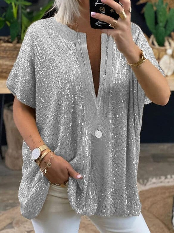 Shimmering Silver and Gold Sequin V-Neck Women's Blouse for Casual and Elegant Wear